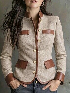 Women's Vintage Commuter Jacket With Herringbone Faur leather , Stand Collar